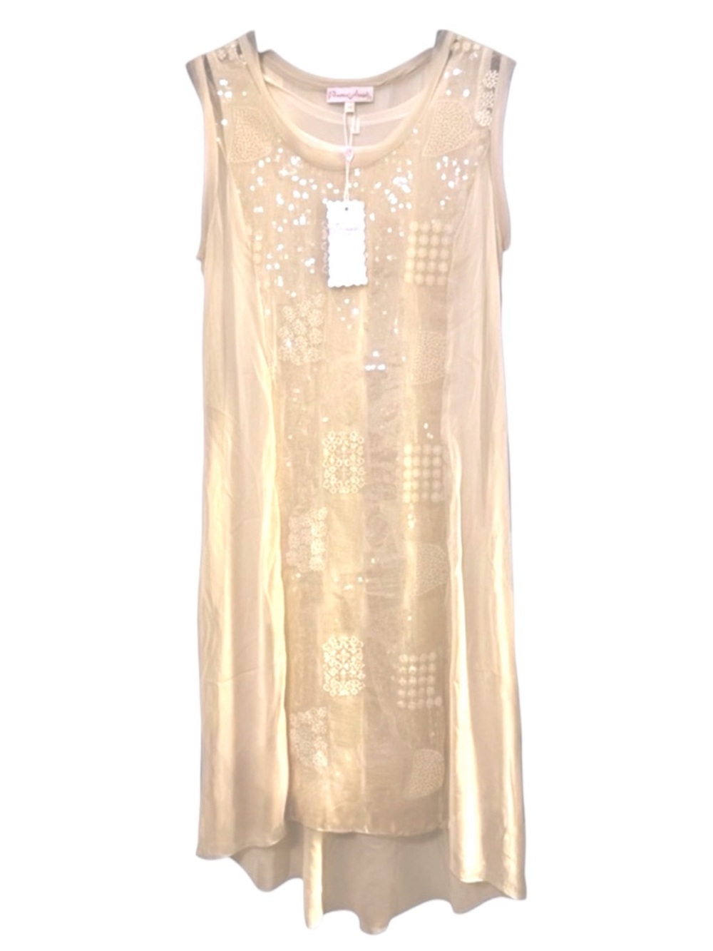 PRETTY ANGEL Sleeveless Silk Whimsy Sequins Lace Lined Tank Midi Dress Sz L NWT